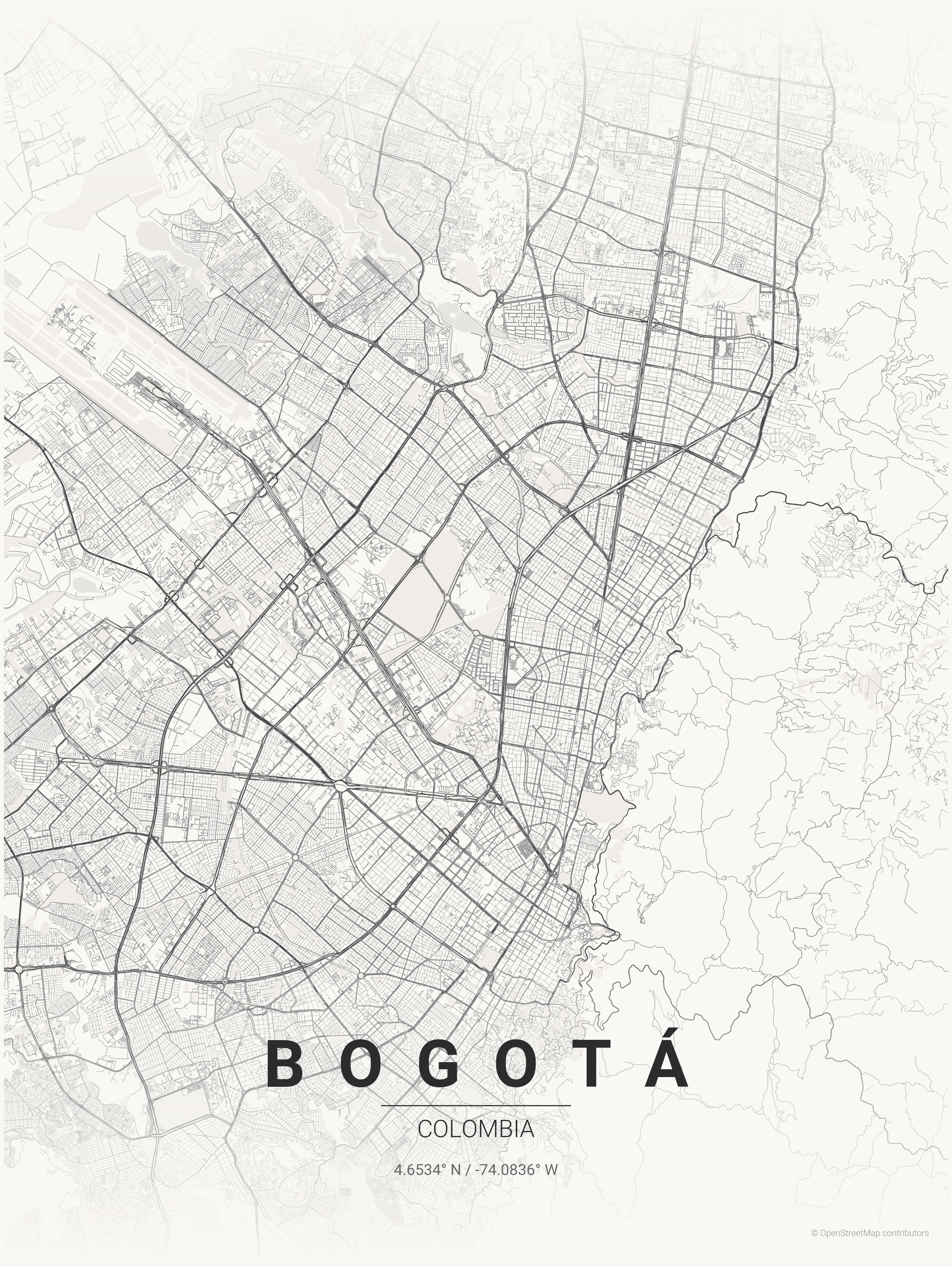 Mapa decorativo de Bogotá en estilo Japanese ink