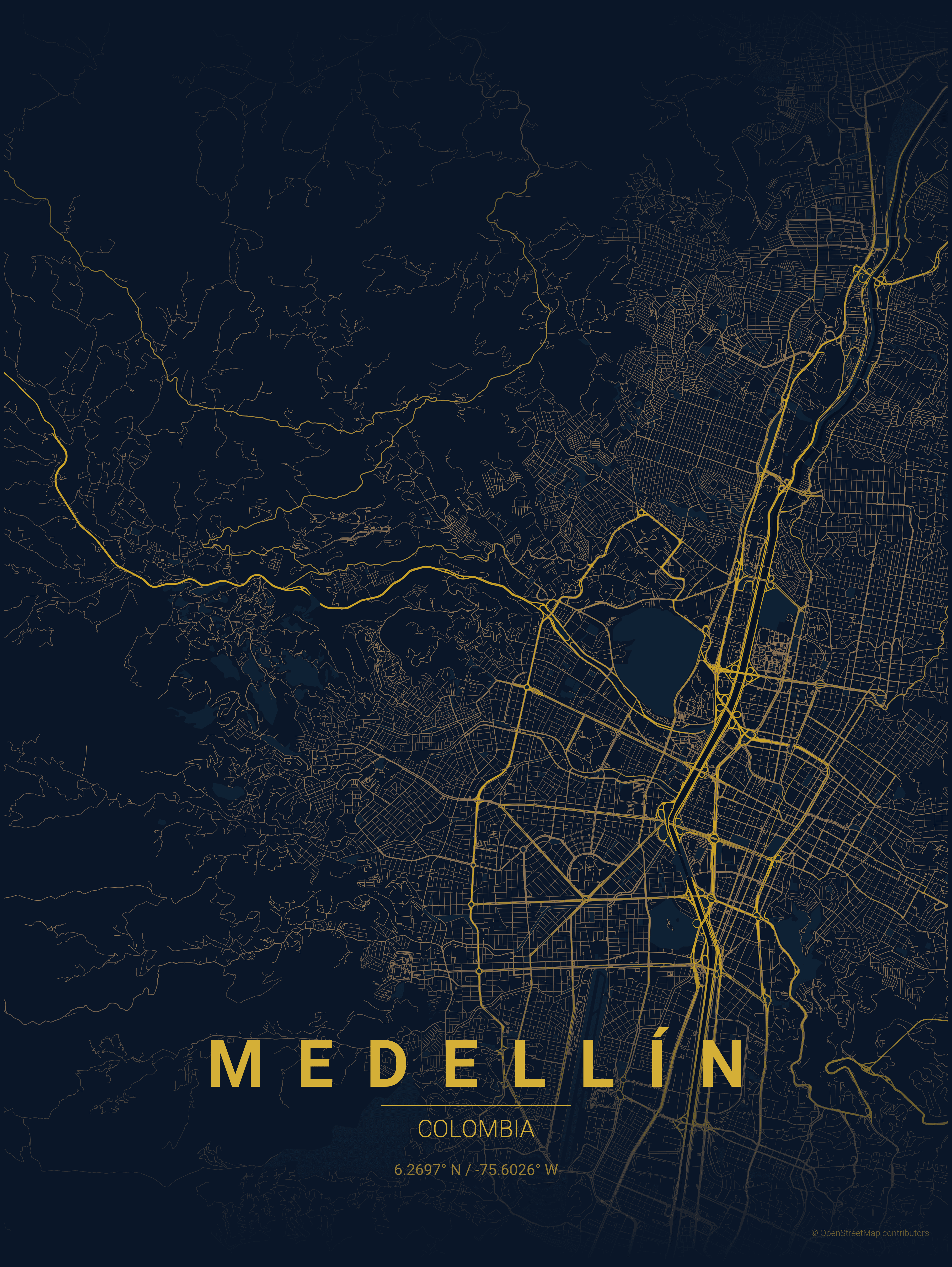 Mapa decorativo de Medellín en estilo Midnight blue